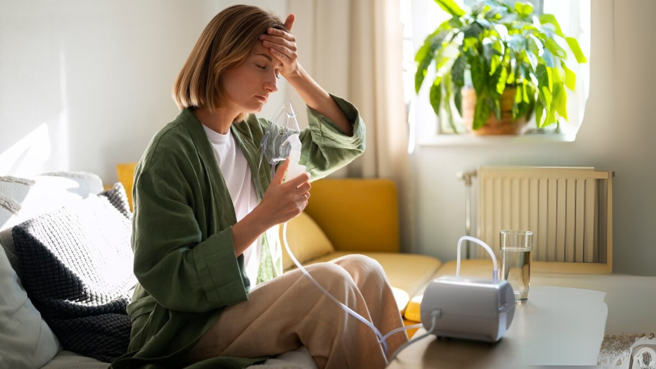 Side view of a frustrated woman looking at a nebulizer that does not appear to be working.